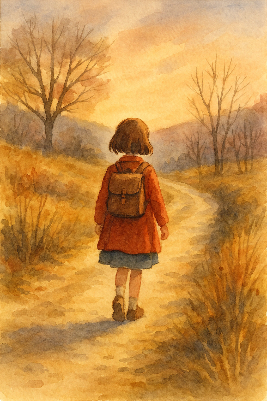 Illustrazione ad acquerello: bambina con zainetto che cammina su un sentiero di campagna abruzzese al tramonto